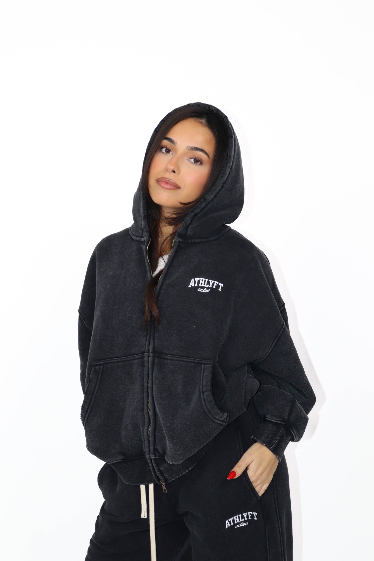 Stonewash Oversized Heavyweight Double Zip Hoodie - Washed Black