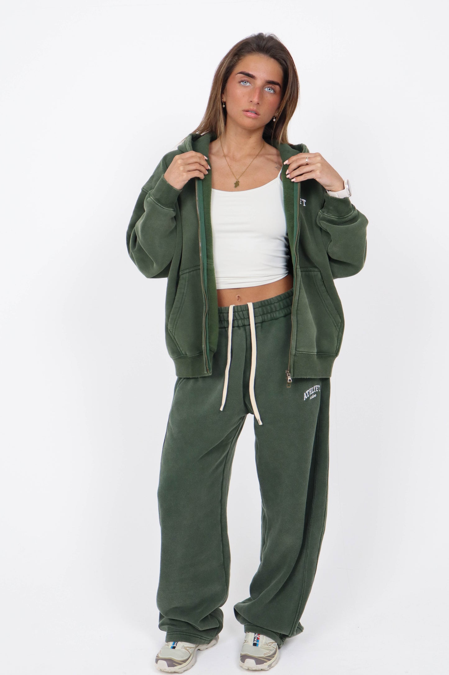 Stonewash Oversized Heavyweight Double Zip Hoodie - Deep Green