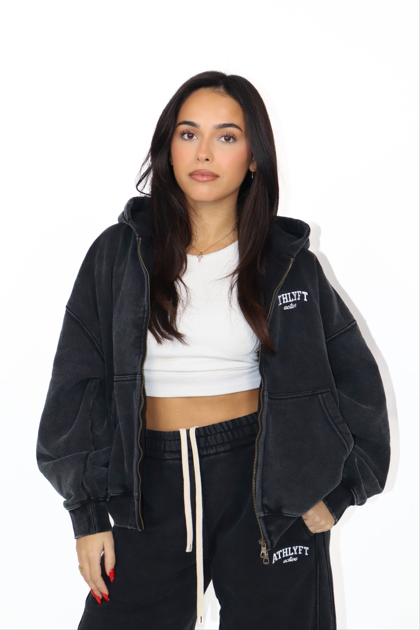 Stonewash Oversized Heavyweight Double Zip Hoodie - Washed Black