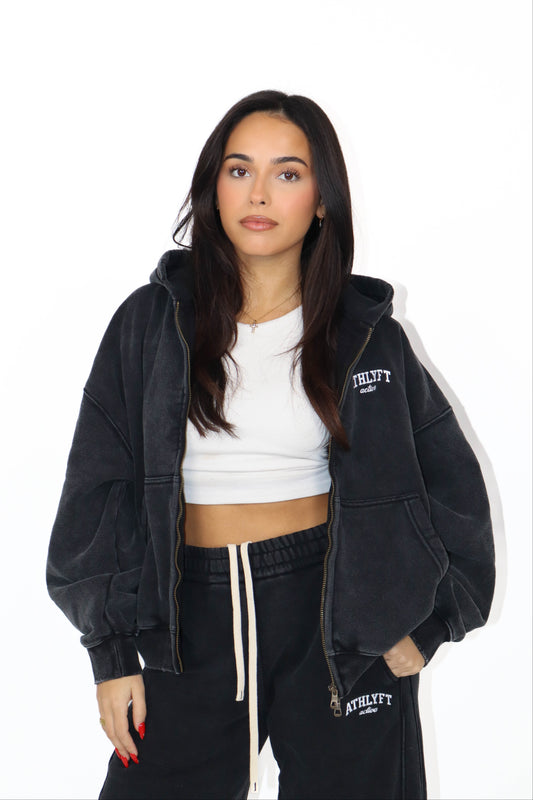 Stonewash Oversized Heavyweight Double Zip Hoodie - Washed Black