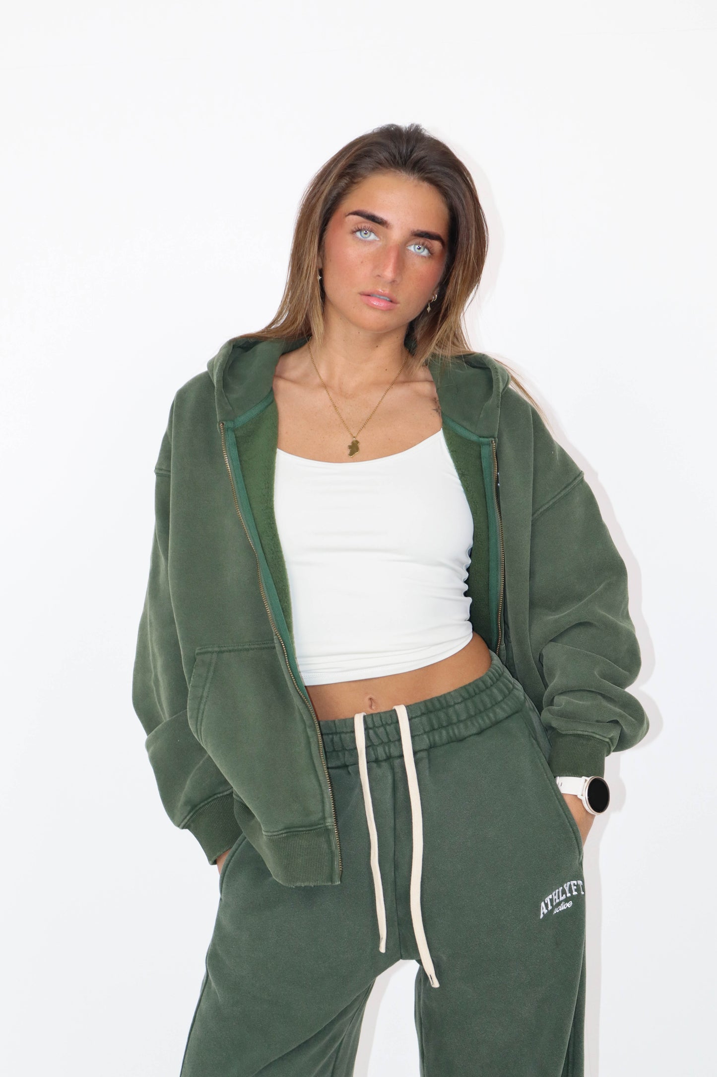 Stonewash Oversized Heavyweight Double Zip Hoodie - Deep Green