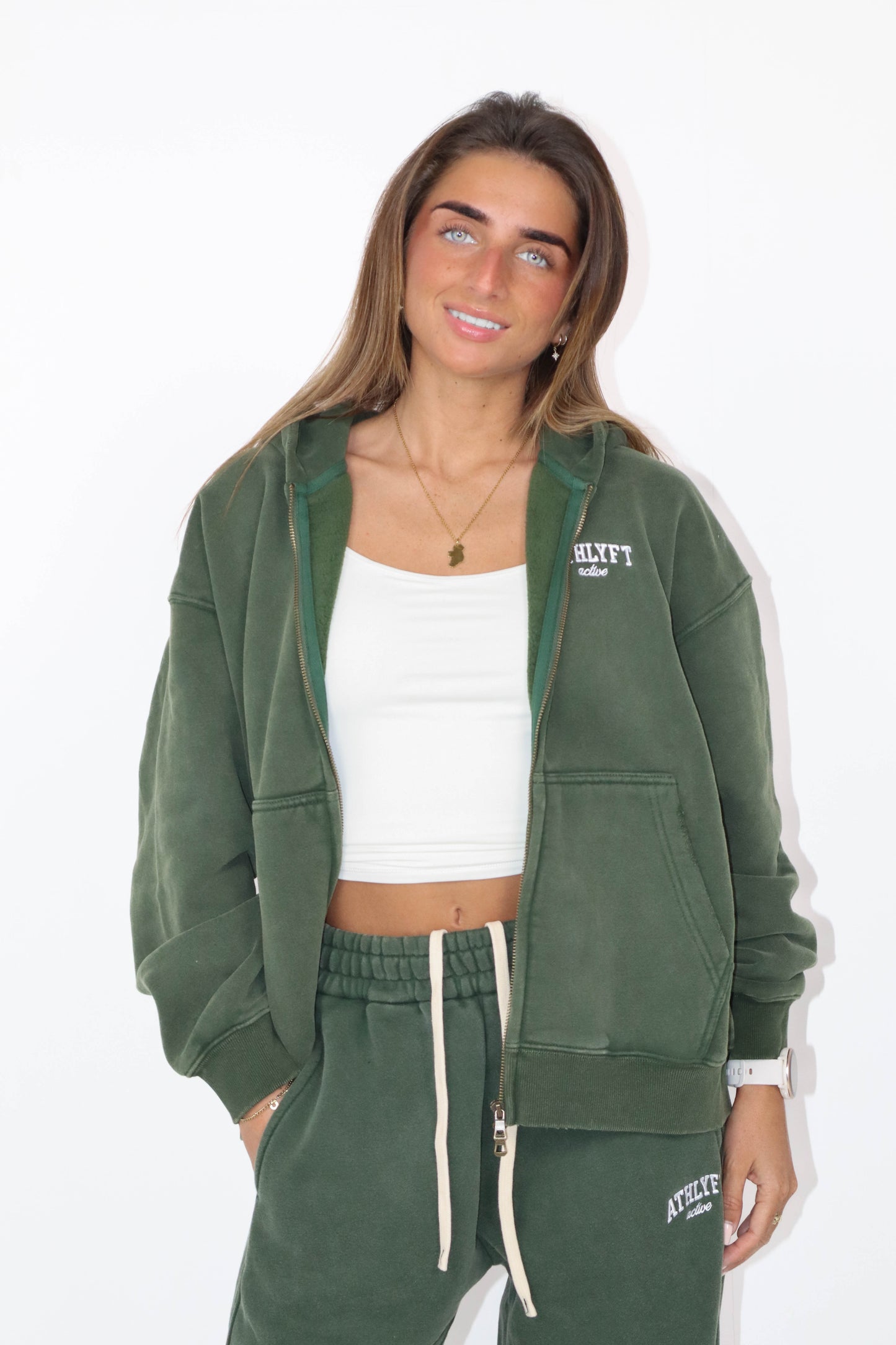 Stonewash Oversized Heavyweight Double Zip Hoodie - Deep Green