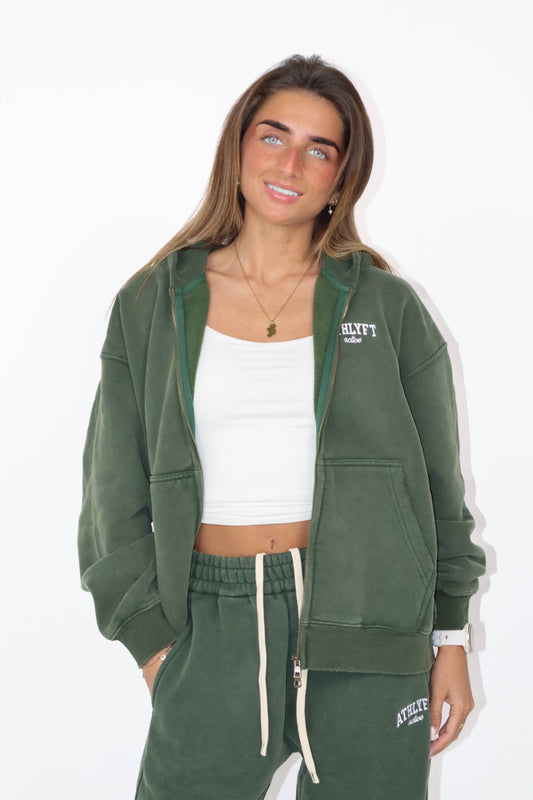 Stonewash Oversized Heavyweight Double Zip Hoodie - Deep Green