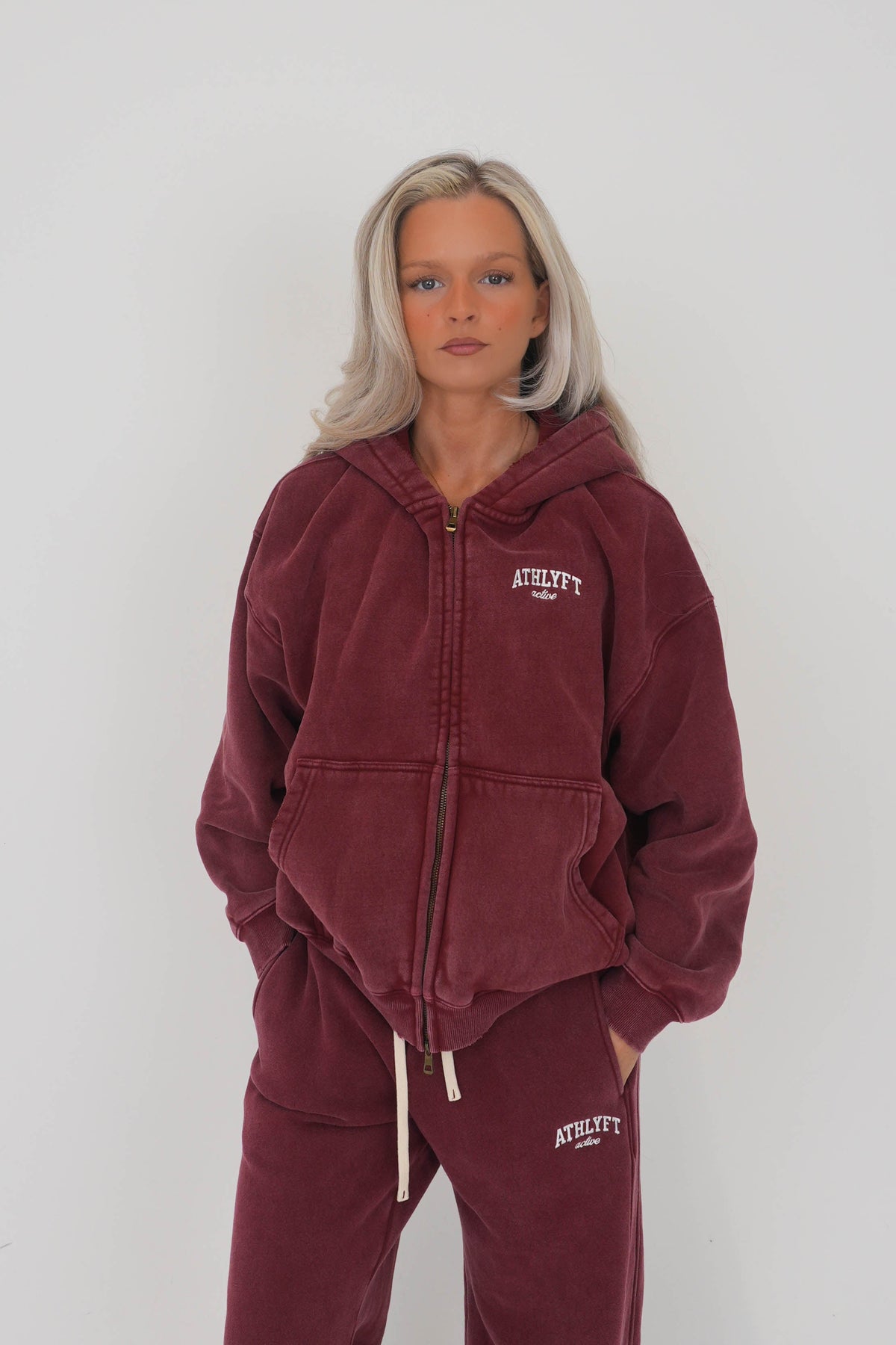 Stonewash Oversized Heavyweight Double Zip Hoodie - Vintage Red