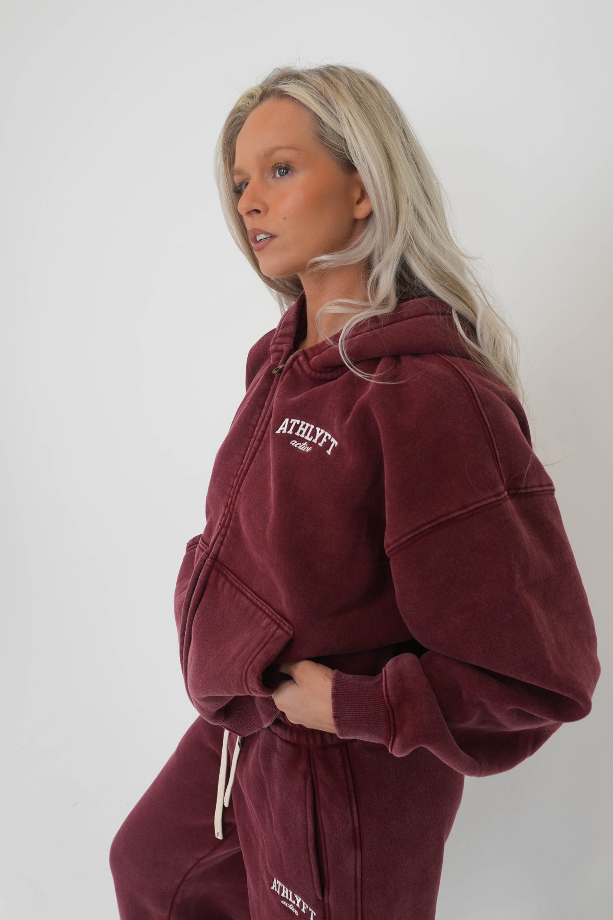 Stonewash Oversized Heavyweight Double Zip Hoodie - Vintage Red