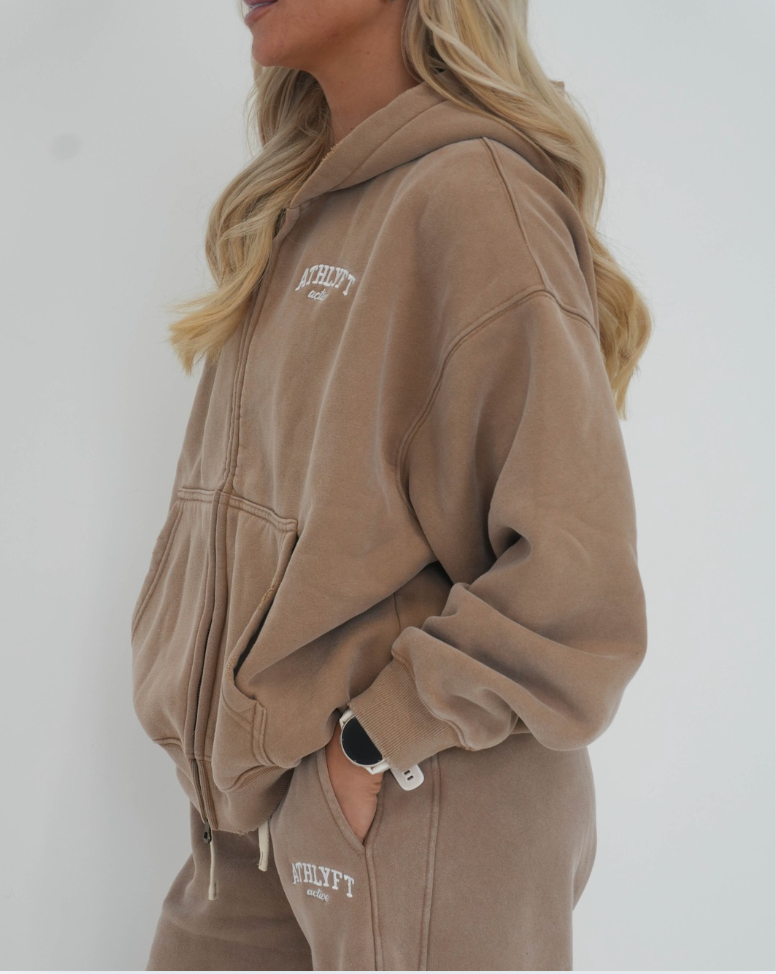 Stonewash Oversized Heavyweight Double Zip Hoodie - Sandstone